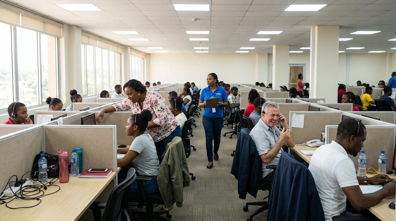 Customer service agents at work on the floor of a BPO call centre in Kingston, Jamaica