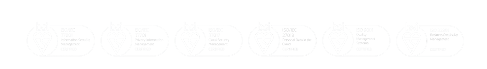 Six BSI ISO certification badges: ISO/IEC 27001 Information Security Management, ISO/IEC 27701 Privacy Information Management, ISO/IEC 27017 Cloud Security Management, ISO/IEC 27018 Personal Data in the Cloud, ISO 9001 Quality Management Systems, and ISO 22301 Business Continuity Management.