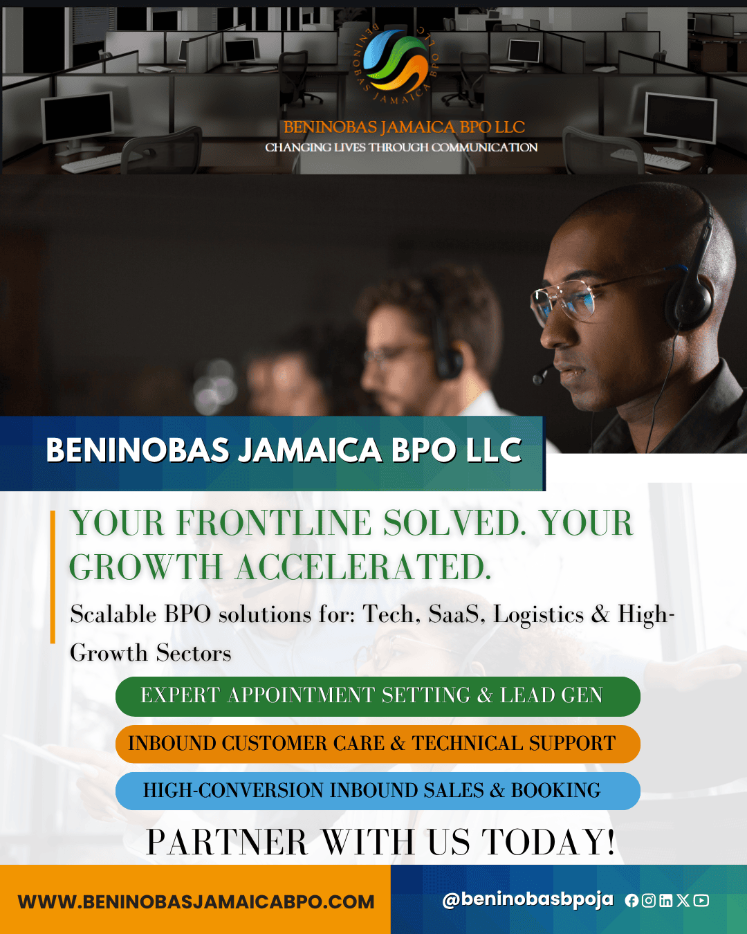 Tech, SaaS, and logistics companies: stop letting frontline chaos slow your growth. Beninobas Jamaica BPO solves customer support, tech help desk, appointment setting, and inbound sales – all from our nearshore Jamaica centre. Book a free strategy call today.