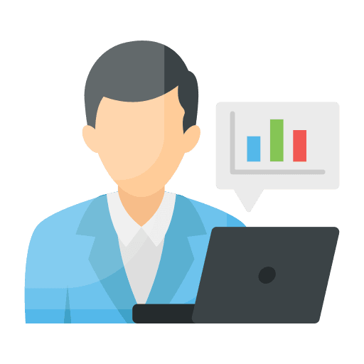 Icon depicting a professional analyzing data on a laptop, with a bar chart hovering in a speech bubble above, symbolizing real-time performance tracking.