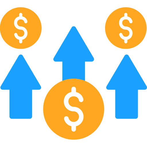 Icon of three blue upward-pointing arrows, each topped with a gold dollar coin, representing financial growth and cost efficiency.