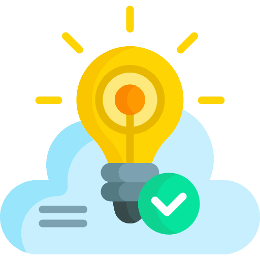 Icon of a glowing yellow lightbulb resting on stylized white clouds with a green checkmark, representing innovative and scalable cloud infrastructure.
