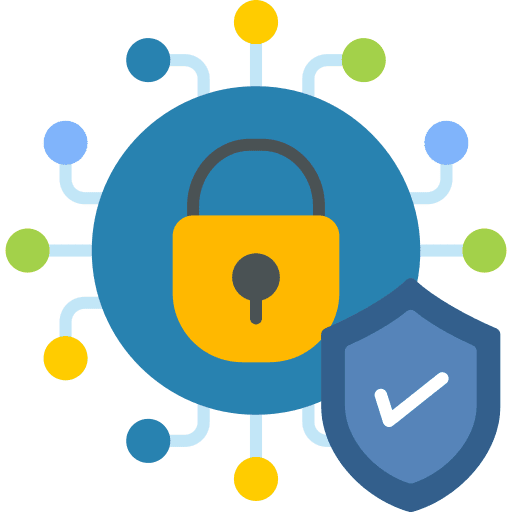 Icon of a gold padlock surrounded by digital circuit nodes and a blue checkmark badge, symbolizing secure data protection and compliance.